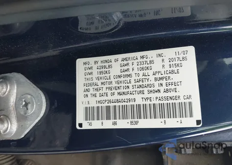 2008 Honda Accord 2.4 Lx-P z USA, uszkodzony, nr VIN 1HGCP26448A042919